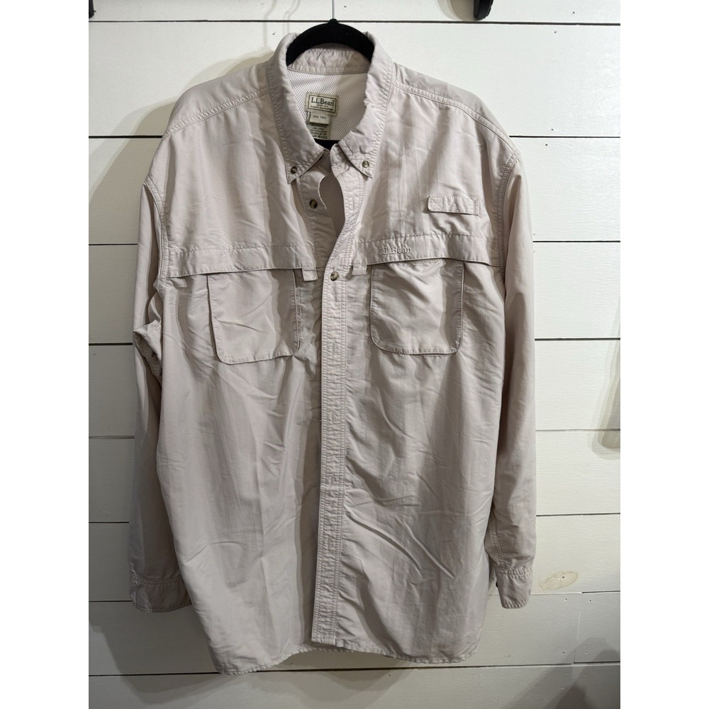 LL Bean Shirt Mens XXL Tall Vented Beige Khaki Tan Long Sleeve Fishing Outdoor